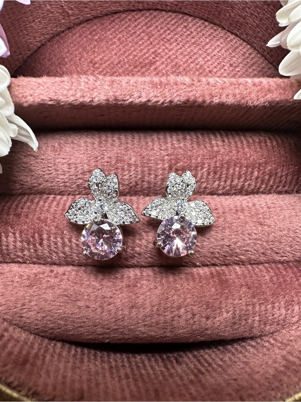 Sparkling Pink Crystal Flower Stud Earrings - Women Jewelry